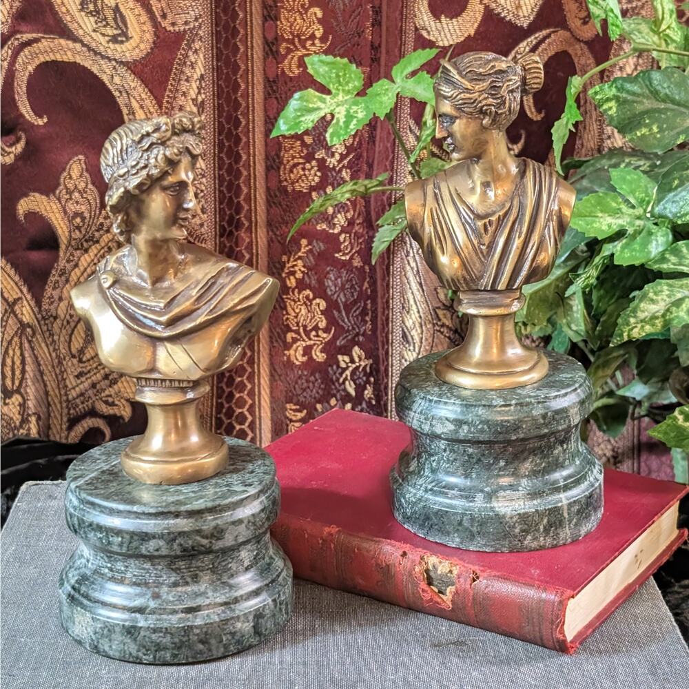 Vintage Pair 8.5" Lacquered Brass Apollo & Artemis Busts Green Marble Base India